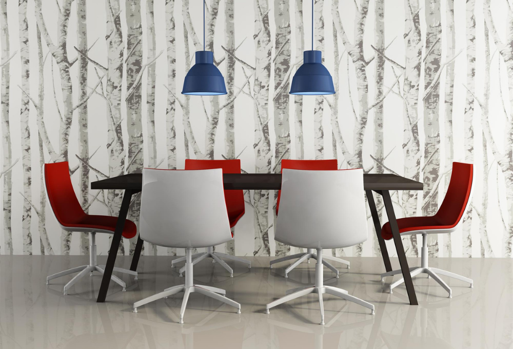 Dining room with birch tree wallpaper pattern. Available at JC Licht in Chicago, IL
