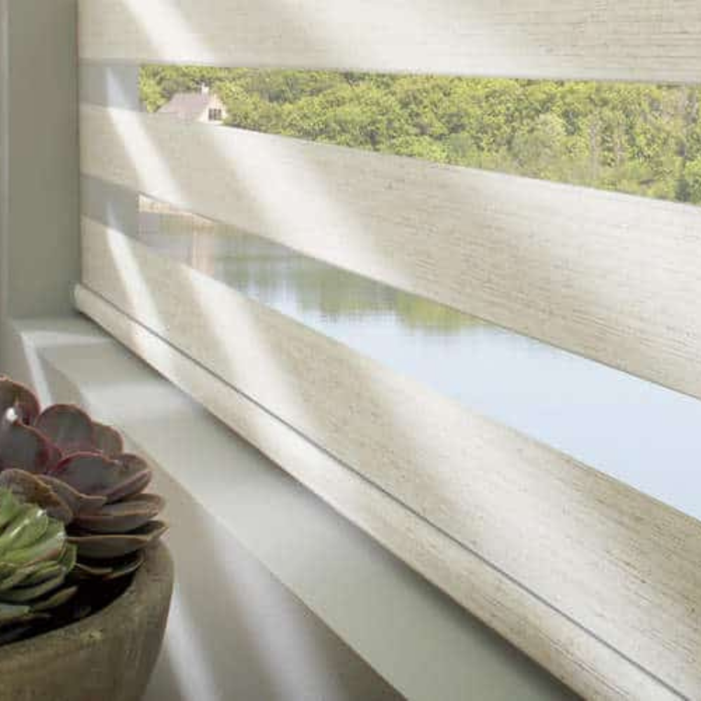 Hunter Douglas Banded Window Coverings on a porch. Available at JC Licht in Chicago, IL