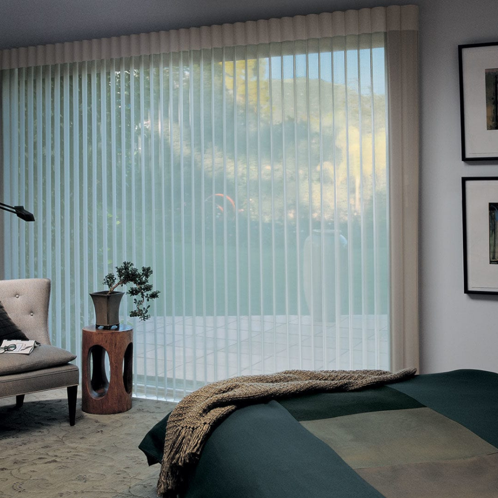 Luminette window treatments used in a ground floor bedroom. Available at JC Licht in Chicago