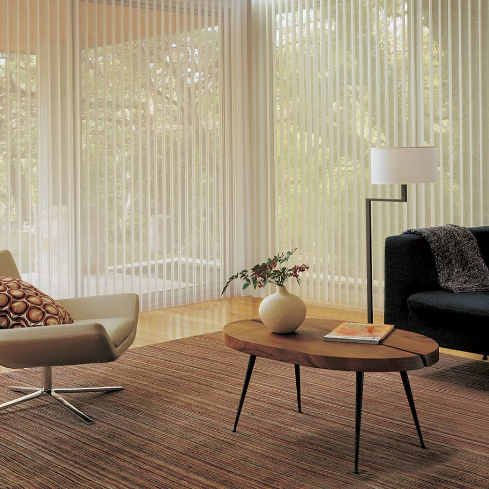 Luminette window coverings in a living room, available at JC Licht in Chicagoland