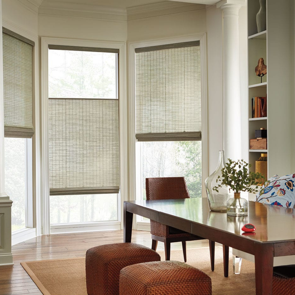 Provenance woven window coverings in a dining room. Available at JC Licht in Chicago, IL