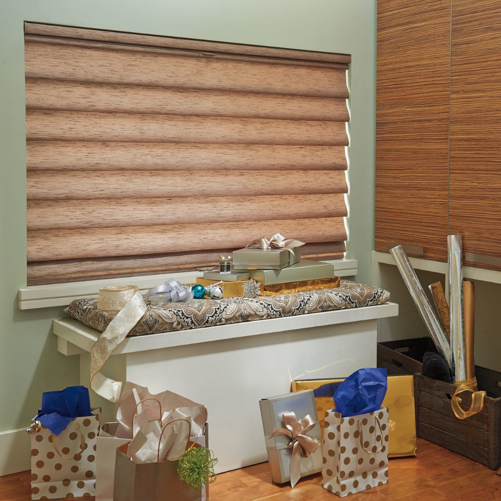 Vignette window treatments used in a craft room. Available at JC Licht in Chicago, IL