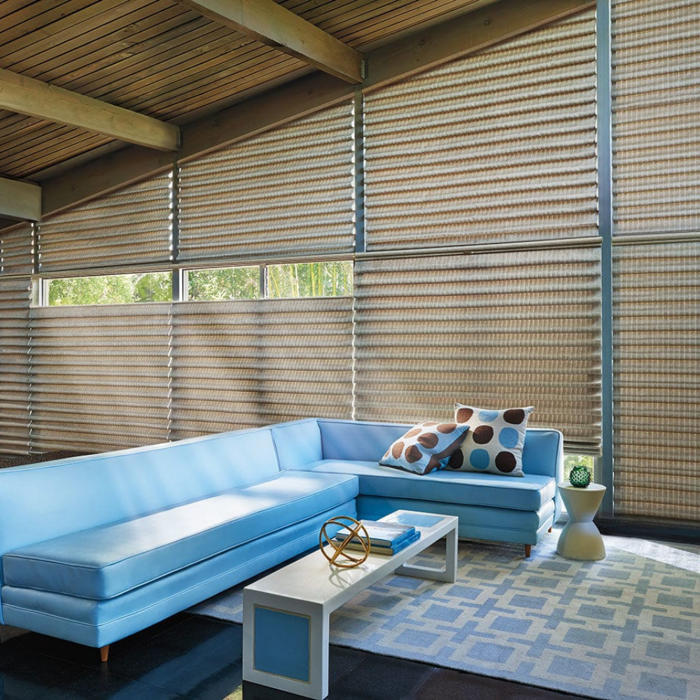 Hunter Douglas Vignette window treatments on large living room windows. Available at JC Licht in Chicago, IL