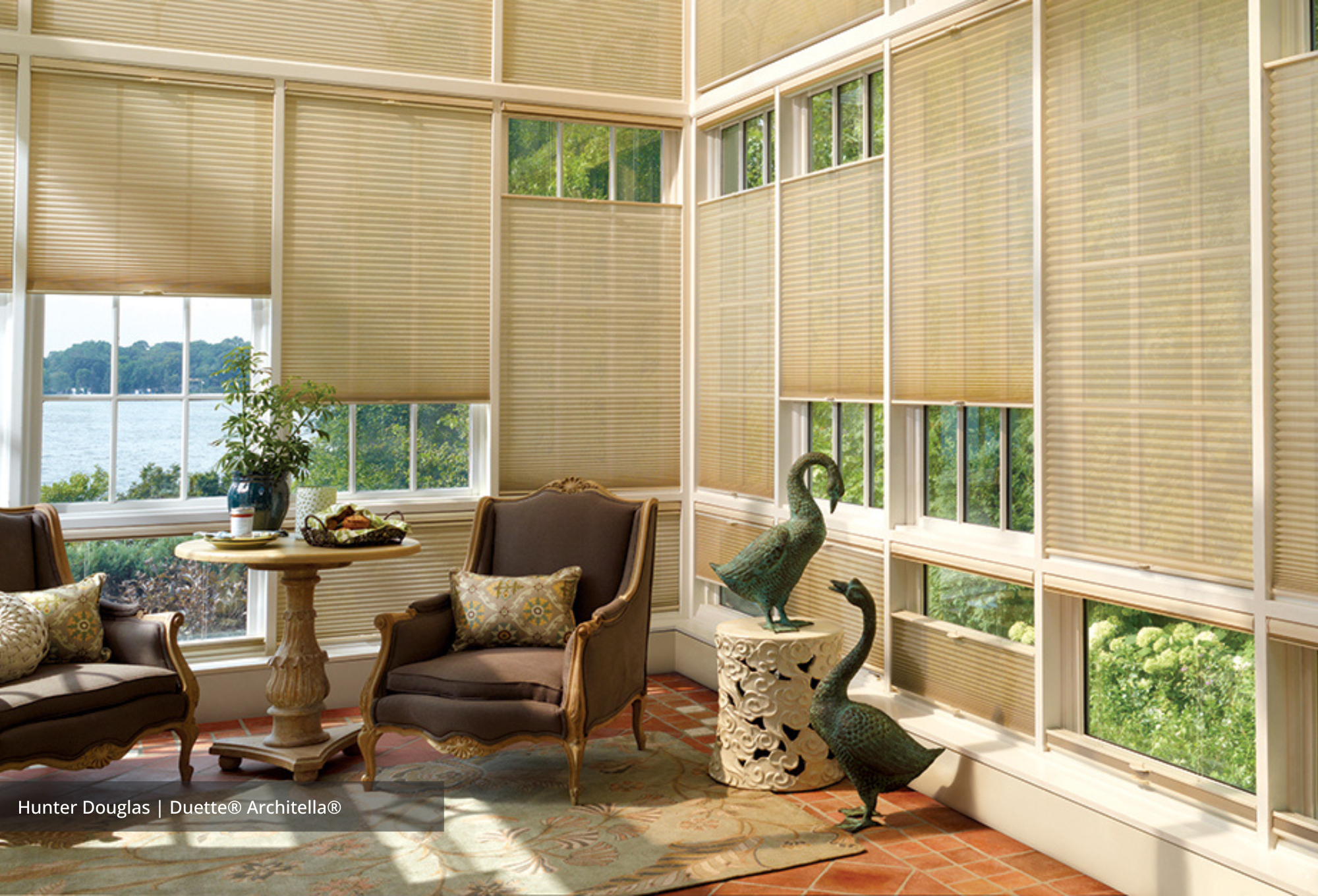 Colorful window treatments make a splash in the living room. 