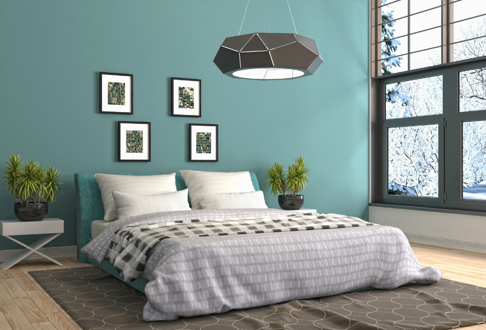 Beautiful green Benjamin Moore paint color in bedroom. Shop online at JC Licht.