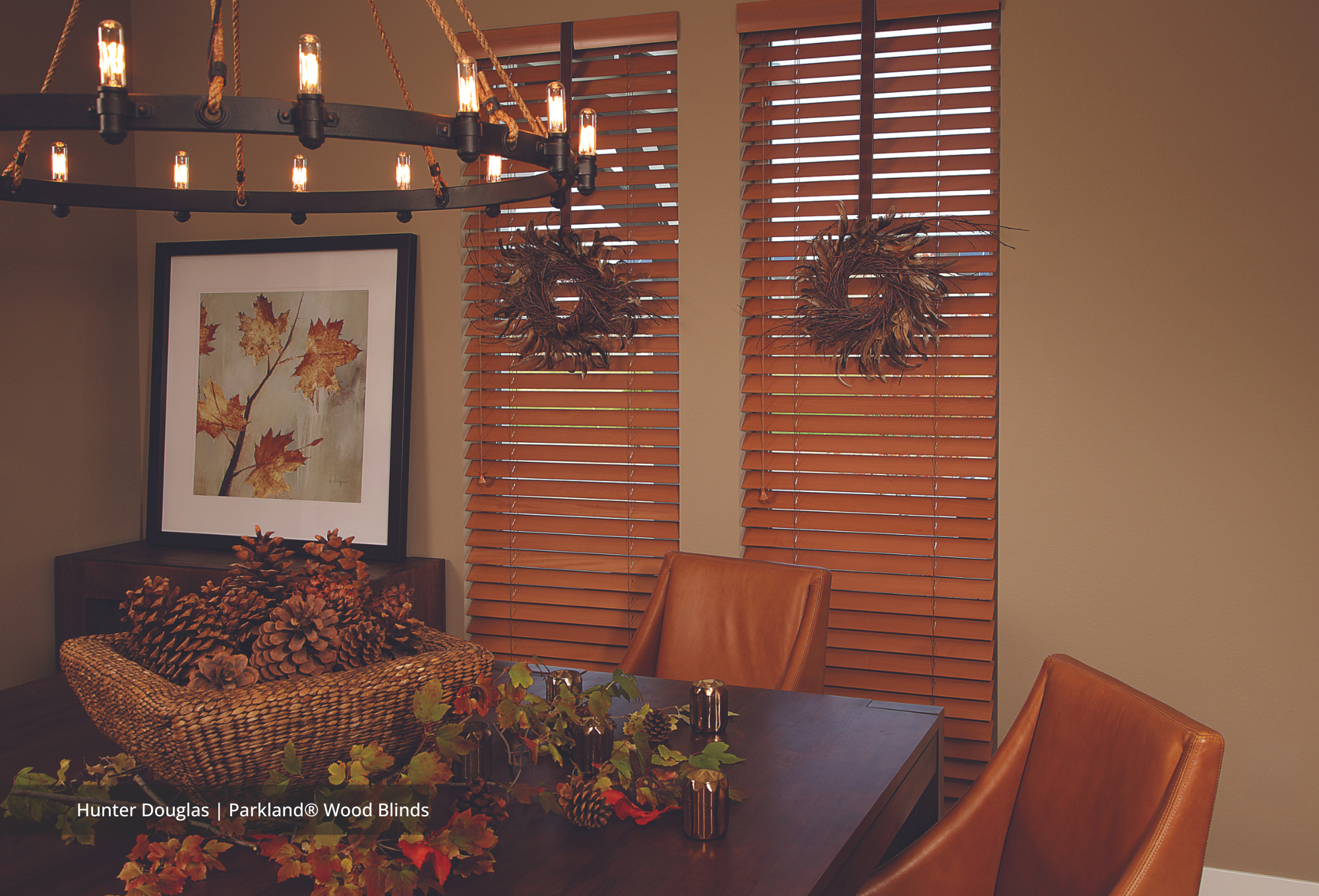Hunter Douglas | Parkland® Wood Blinds perfect for fall decor. Available at JC Licht in Chicago, IL.