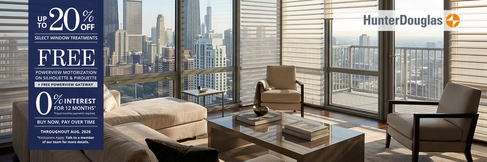 A luxury modern living room with floor-to-ceiling windows overlooking a city skyline, featuring beige armchairs, a low wooden coffee table, and a dark blue promotional banner on the left offering window treatments. The HunterDouglas logo is visible in the top right corner.