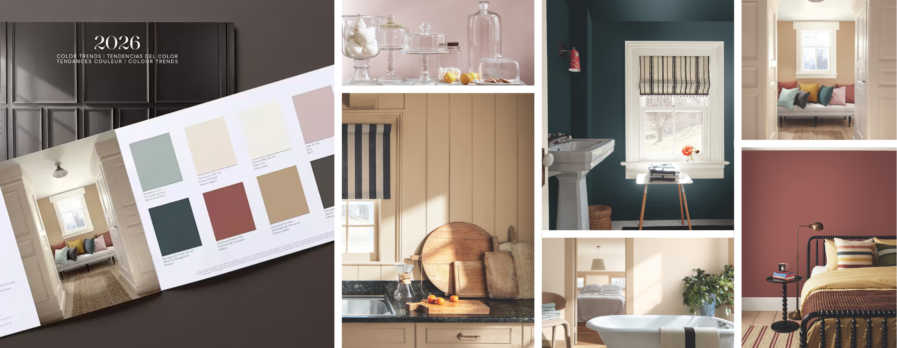 Collage of interior design elements and rooms showcasing colors from the Benjamin Moore 2026 Color Trends Palette.