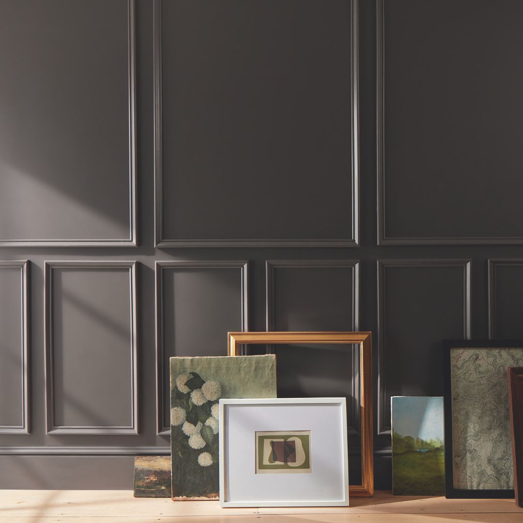 ramed artworks on a wooden surface against a dark paneled wall. Benjamin Moore 2026 Color of the year Silhouette AF-655