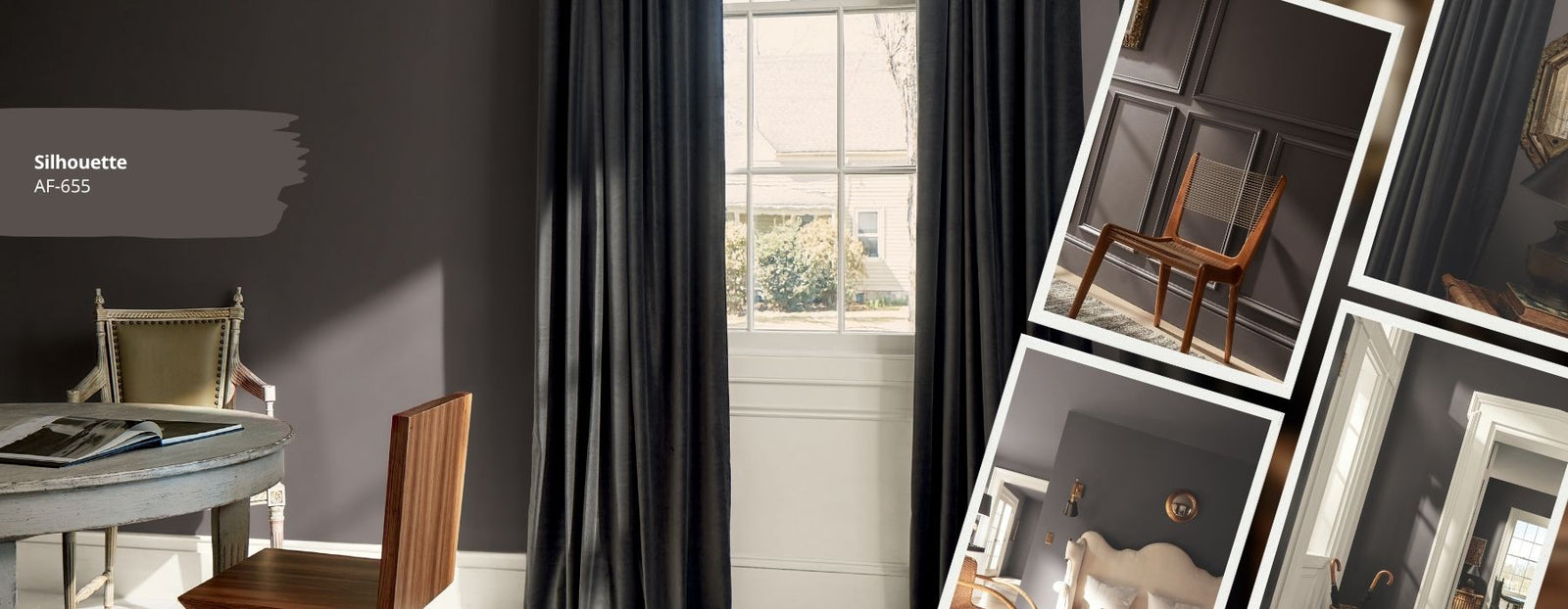 Collage of interior design elements showing Benjamin Moore 2026 Color of the Year Silhouette AF-655