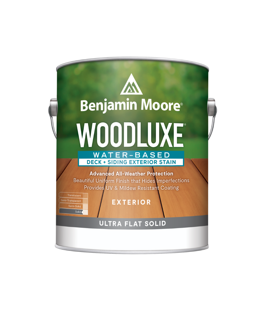 Benjamin Moore Woodluxe® Water-Based Deck + Siding Exterior Stain - Ultra Flat Solid Exterior Stain available at JC Licht.