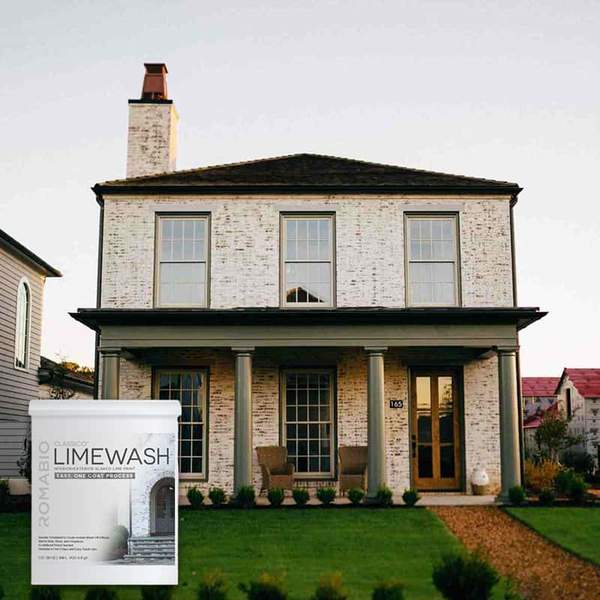 Romabio Classico Limewash on a brick house. Limewash your home in Chicago with Romabio, available at JC Licht stores in the Chicagoland area.
