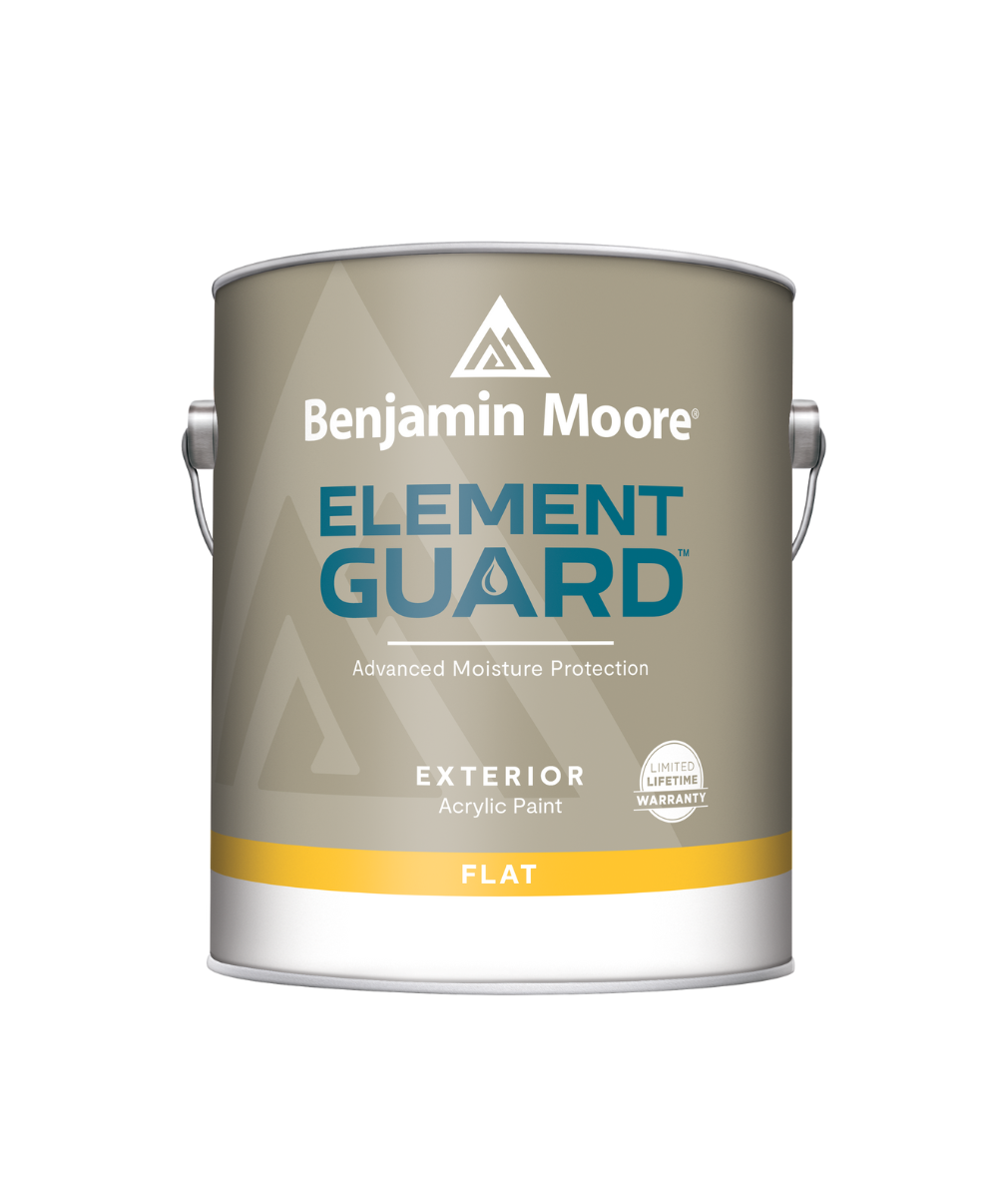 Benjamin Moore&#39;s Element Guard Exterior Flat Paint with Advanced Moisture Protection. Available at JC Licht in Chicago, IL.