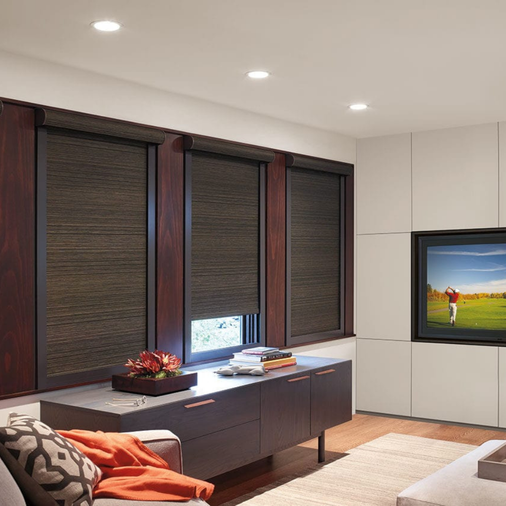 Designer Roller Shades in a home theatre room. Available at JC Licht in Chicago, IL