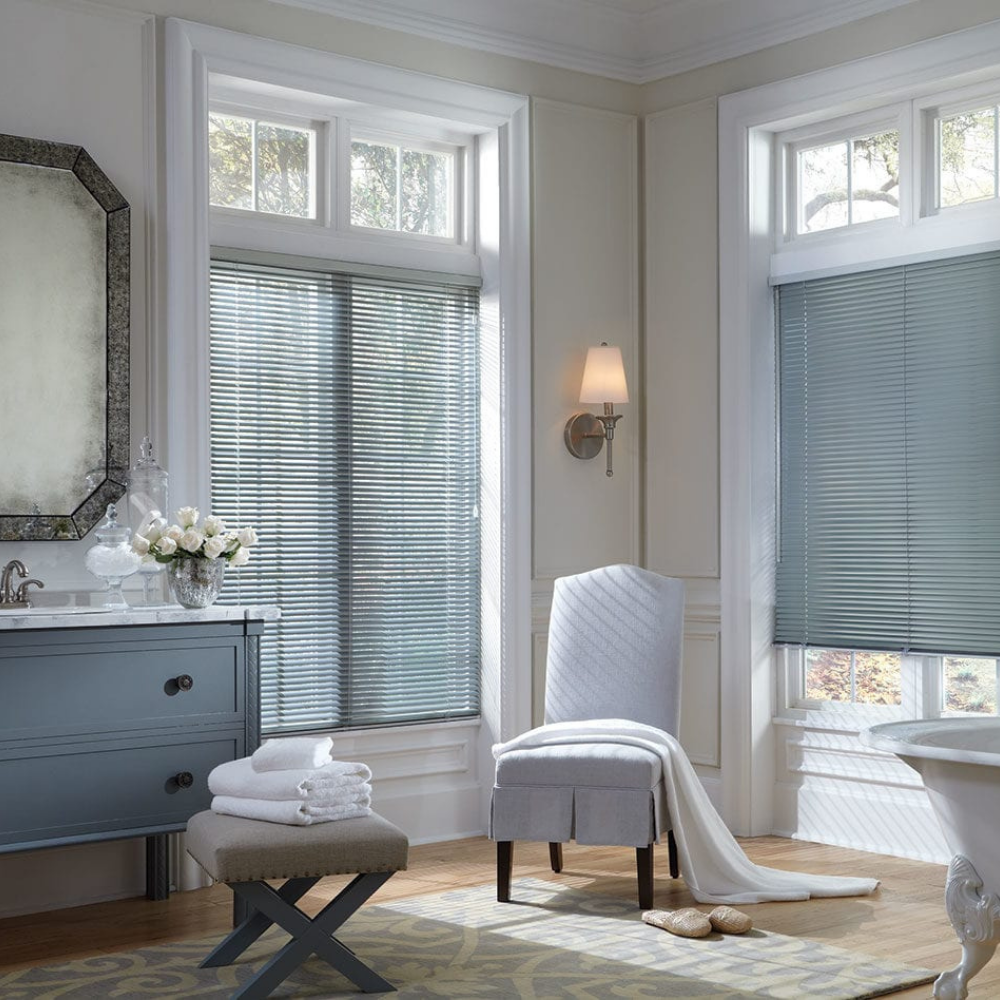 A private bathroom with Natural Elements window coverings. Available at JC Licht in Chicago.
