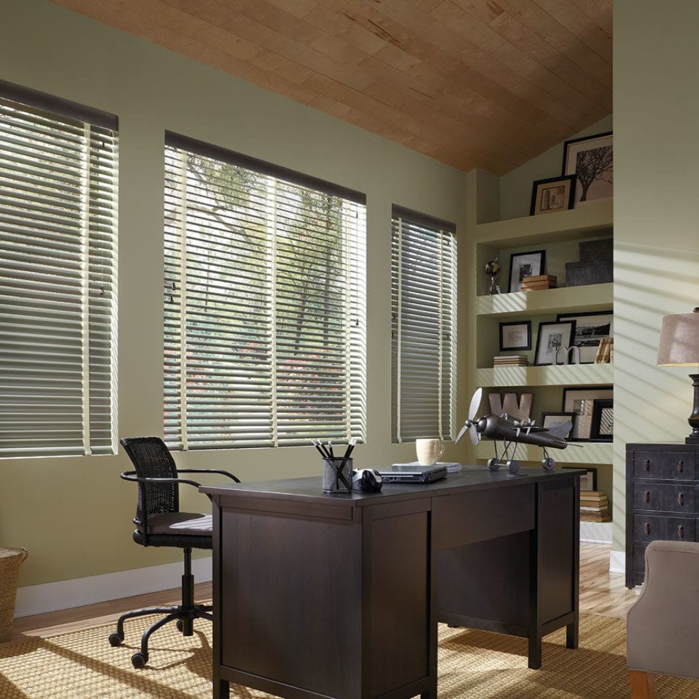 Natural Elements window blinds in a home office. Available at JC Licht in Chicago, IL