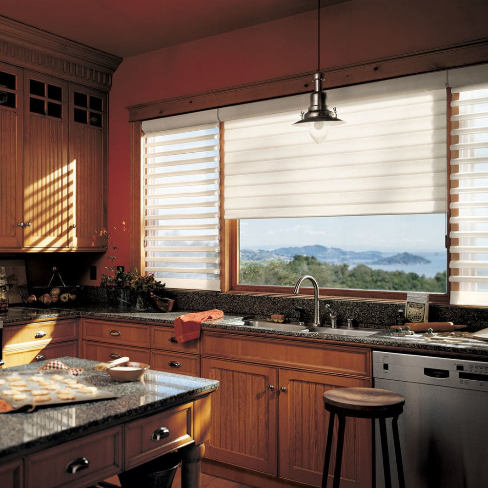 Pirouette window coverings in a rustic kitchen available at JC Licht in Chicago, IL