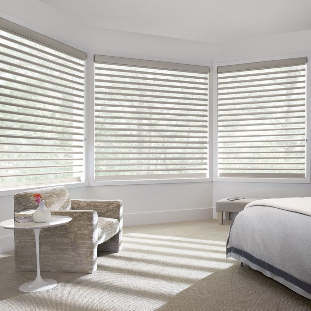 Pirouette Window Treatments in a bedroom. Available at JC Licht in Chicago, IL