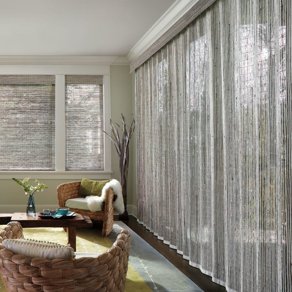 Hunter Douglas Provenance woven window covering in a living room. Available at JC Licht in Chicago, IL