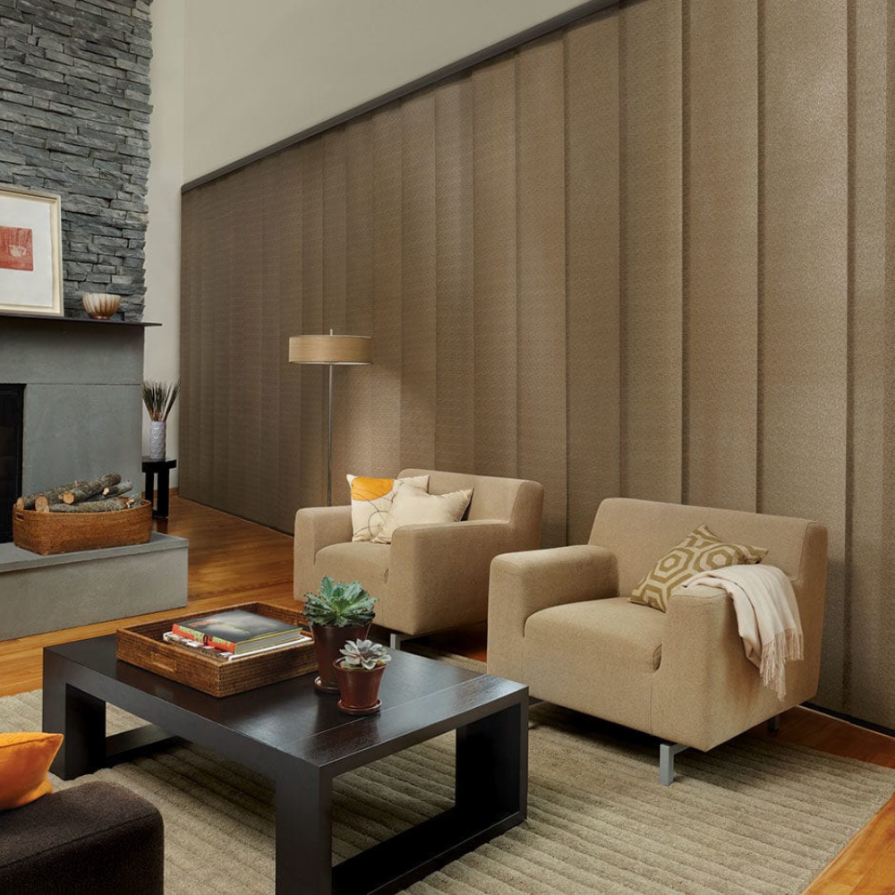 Closed Skyline window treatments in a living room. Available at JC Licht in Chicago, IL.