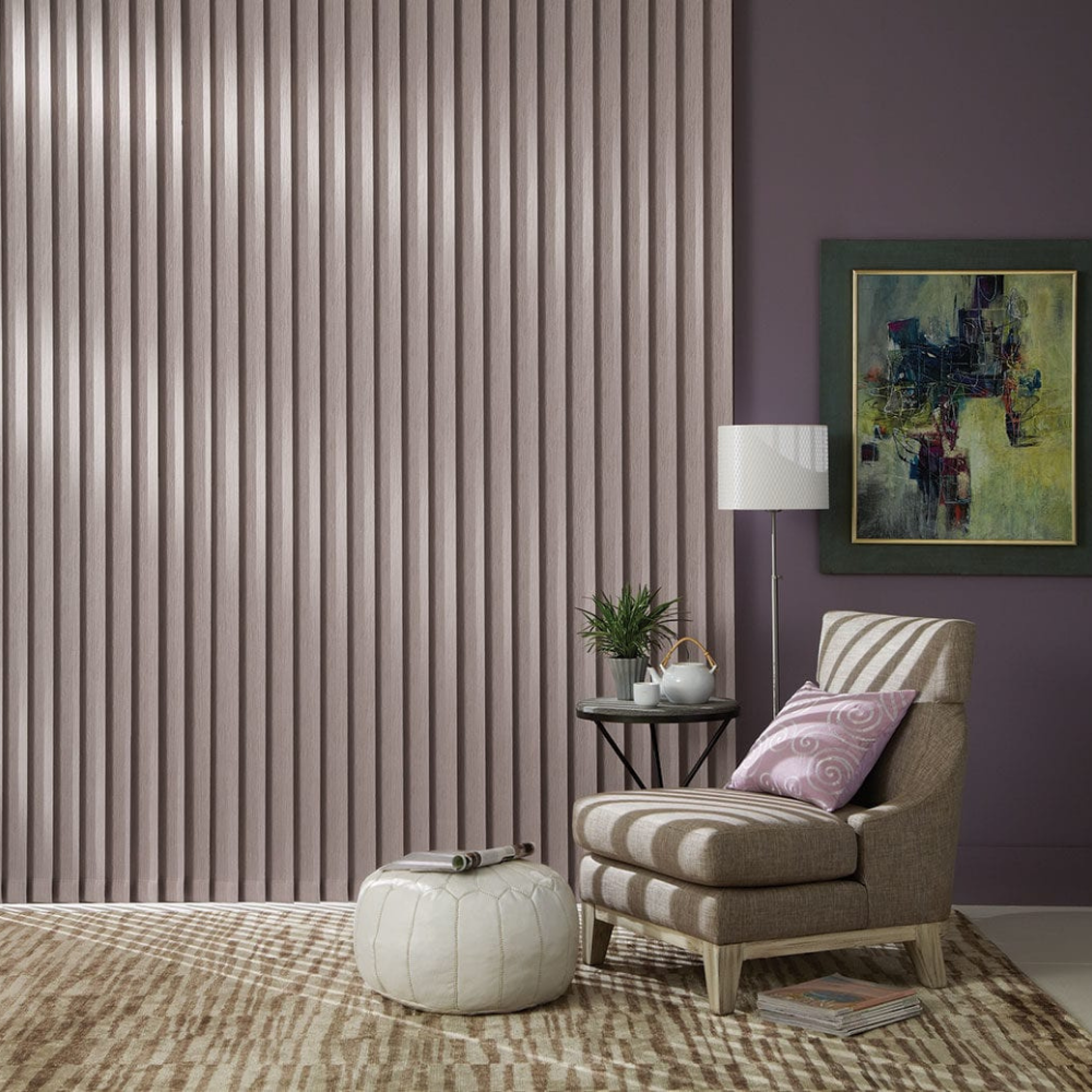 Purple living room with custom Somner window treatments. Available at JC Licht in Chicago, IL