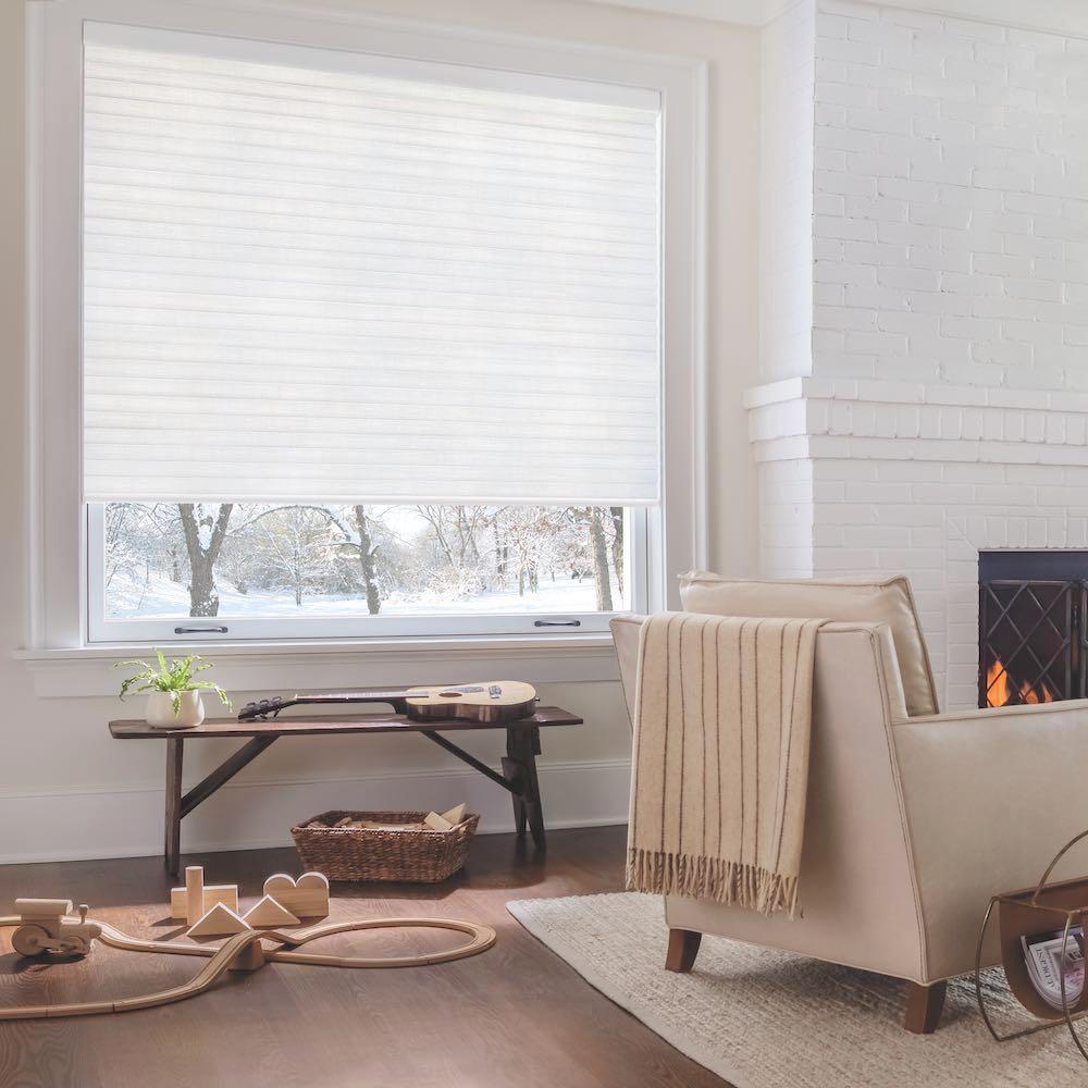 Sonnette window treatments in a living room. Available at JC Licht in Chicago, IL
