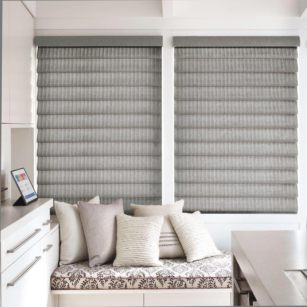 Gray custom Hunter Douglas Vignette window treatments available at JC Licht in Chicagoland
